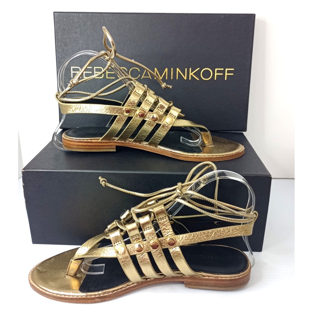 Rebecca Minkoff Evonne Sandals Women 7M Gold Distressed Metallic Leather Lace Up